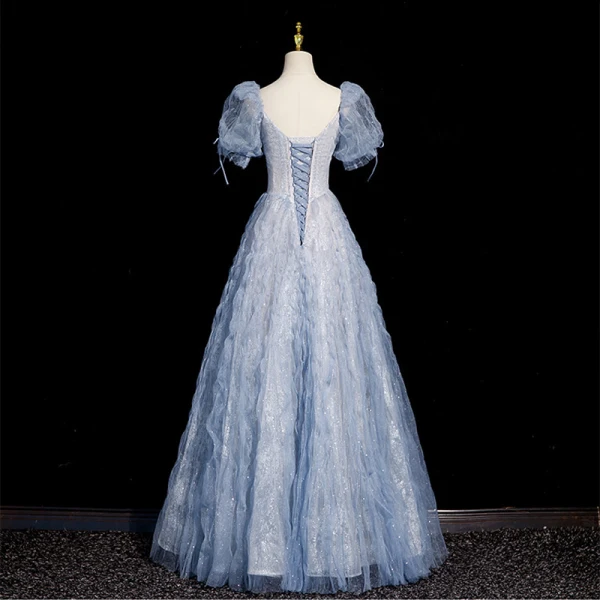 Bling Bling Sky Blue Ruffle Beading Prom Dresses 2023 A-Line / Princess Square Neckline Short Sleeve Backless Floor-Length / Long Prom Formal Dresses