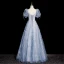 Bling Bling Sky Blue Ruffle Beading Prom Dresses 2023 A-Line / Princess Square Neckline Short Sleeve Backless Floor-Length / Long Prom Formal Dresses