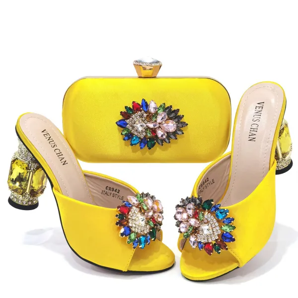 Chic / Beautiful Rhinestone Satin Purple Prom Womens Sandals Clutch Bags 2023 9 cm Open / Peep Toe Crystal Thick Heels Sandals High Heels Clutch Bags