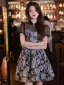 Fashion Black Spotted Printing Short Homecoming Graduation Dresses 2023 A-Line / Princess High Neck Short Sleeve Formal Dresses