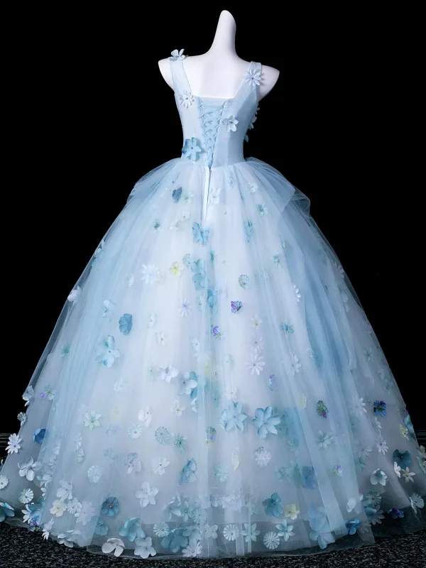 Fée Des Fleurs Bleu Ciel Perle Appliques Robe De Bal 2026 Robe Boule Encolure Carrée Sans Manches Dos Nu