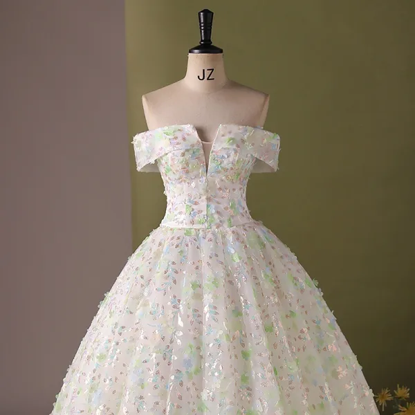 Flower Fairy Multi-Colors Appliques Sequins Ivory Prom Dresses 2024 Ball Gown Off-The-Shoulder Sleeveless Backless Floor-Length / Long Prom Formal Dresses