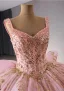 Haut de Gamme Rose Bonbon Fait main Perlage Perle Paillettes Volants en Cascade Robe De Bal 2024 Robe Boule Encolure Carrée Sans Manches Dos Nu Tribunal Train Promo Robe De Ceremonie