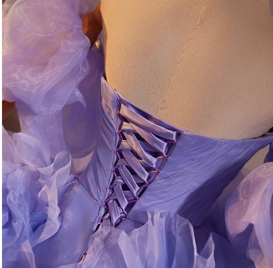Fashion Lavender Cascading Ruffles Prom Dresses 2024 Ball Gown Off-The-Shoulder Puffy Short Sleeve Backless Court Train Prom Formal Dresses