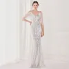 Charming White Evening Dresses 2022 Trumpet / Mermaid Spaghetti Straps Multi-Colors Rhinestone Sequins Short Sleeve Backless Floor-Length / Long Evening Party Formal Dresses