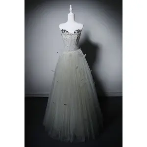 Charming Sage Green Beading Sequins Evening Dresses 2026 A Line Princess Strapless Sleeveless Backless Floor Length Long Formal Dresses