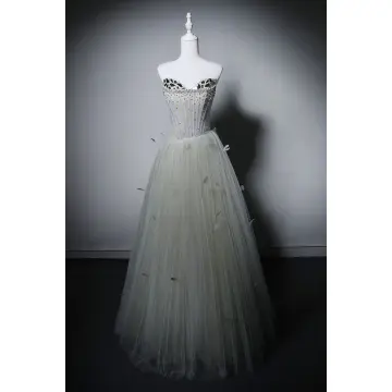 Charmant Vert Cendré Perlage Paillettes Robe De Soirée 2026 Princesse Bustier Sans Manches Dos Nu Longue Robe De Ceremonie