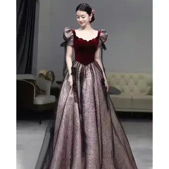 Elegant Burgundy Suede Prom Dresses 2023 A Line Princess Square Neckline Short Sleeve Backless Floor Length Long Prom Formal Dresses