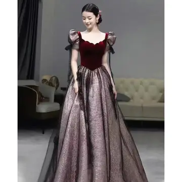 Elegant Burgundy Suede Prom Dresses 2023 A Line Princess Square Neckline Short Sleeve Backless Floor Length Long Prom Formal Dresses