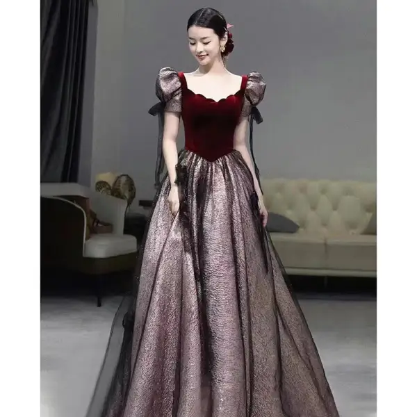 Elegant Burgundy Suede Prom Dresses 2023 A-Line / Princess Square Neckline Short Sleeve Backless Floor-Length / Long Prom Formal Dresses