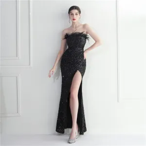 Sparkly Blushing Pink Sequins Split Front Evening Dresses 2024 Trumpet Mermaid Strapless Tassel Sleeveless Backless Floor Length Long Evening Party Formal Dresses