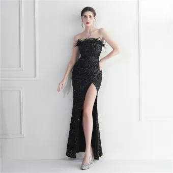 Scintillantes Rougissant Rose Paillettes Fendue Devant Robe De Soirée 2024 Trompette Sirène Bustier Gland Sans Manches Dos Nu Longue Soirée Robe De Ceremonie
