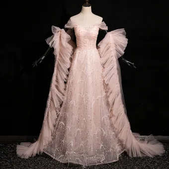 Chic Belle Rougissant Rose Paillettes Gland Robe De Bal 2024 Princesse De L Épaule Sans Manches Dos Nu Longue Promo Robe De Ceremonie