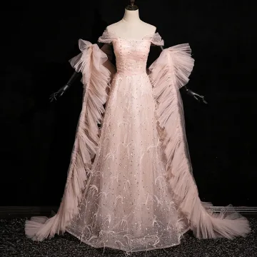 Chic Beautiful Blushing Pink Sequins Tassel Prom Dresses 2024 A Line Princess Off The Shoulder Sleeveless Backless Floor Length Long Prom Formal Dresses