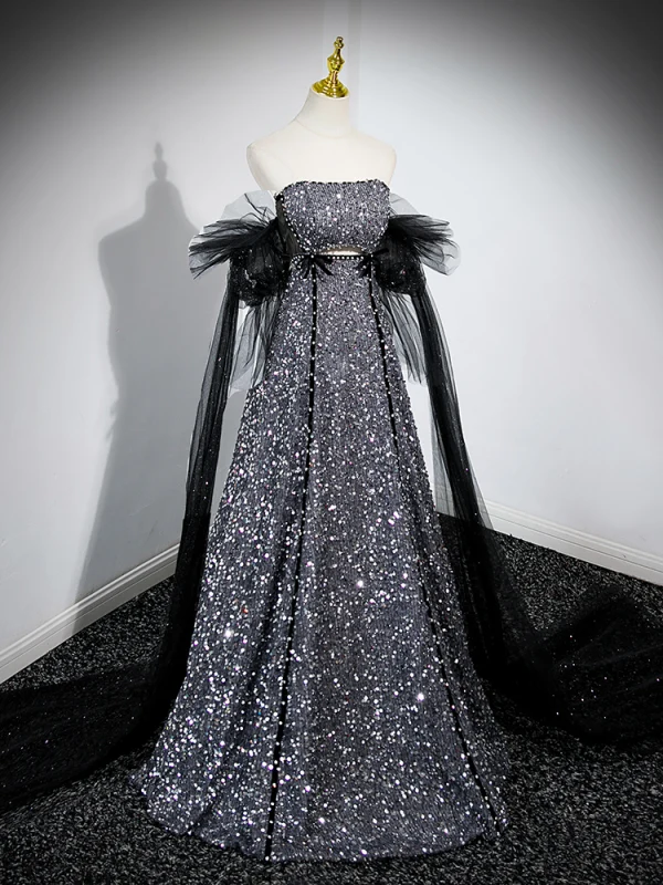 Glitzernden Schwarz Pailletten Ballkleider 2024 A Linie Bandeau Kurze Ärmel Rückenfreies Lange Ball Festliche Kleider