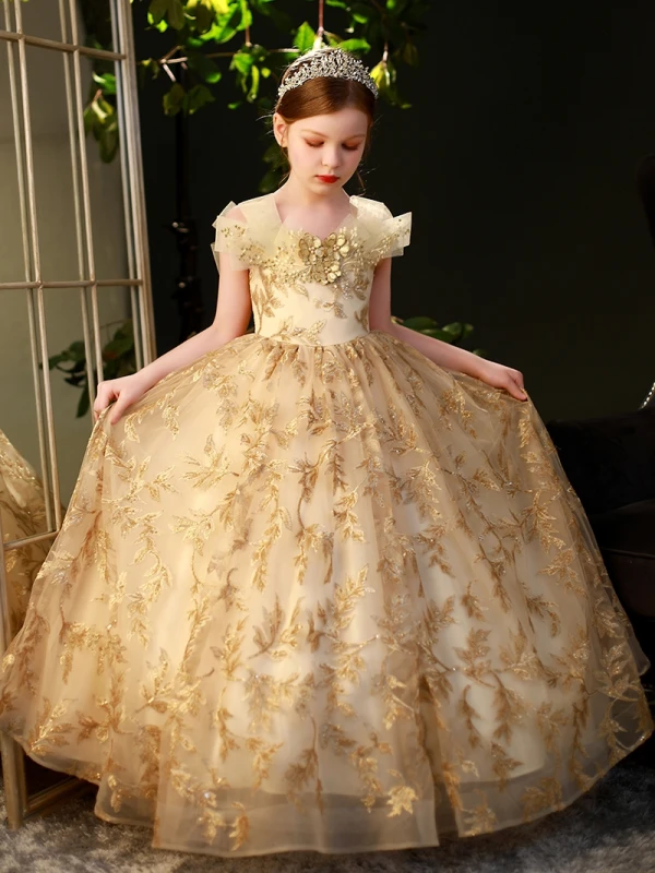 Fashion Gold Sequins Pearl Lace Flower Prom Flower Girl Dresses 2022 Ball Gown Scoop Neck Short Sleeve Floor-Length / Long Flower Girl Dresses