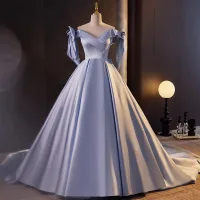 Vintage Lavendel Satin Ballkjoler 2023 Av Skulderen Uten Ermer Ryggløse Sløyfe Domstol Tog Formelle Kjoler