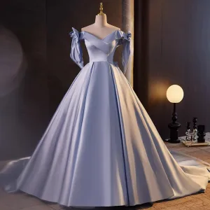 Vintage Espliego Satén Vestidos De Gala 2023 Fuera Del Hombro Sin Mangas Sin Espalda Bowknot Colas De La Corte Vestidos Formales