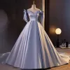 Vintage / Retro Lavender Satin Prom Dresses 2023 Off-The-Shoulder Sleeveless Backless Bow Court Train Formal Dresses
