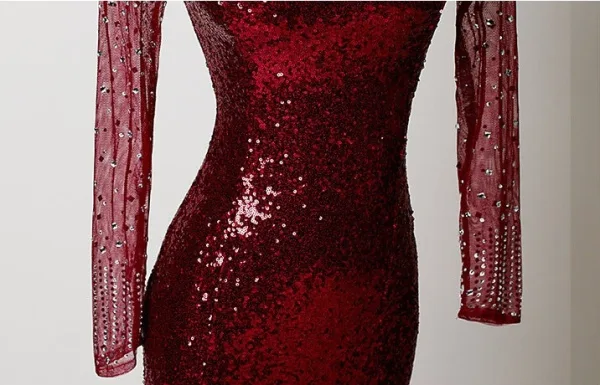 Sparkly Sexy Burgundy Sequins Rhinestone Evening Dresses 2026 Trumpet / Mermaid High Neck Long Sleeve Floor-Length / Long Formal Dresses