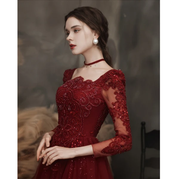 Classic Burgundy Beading Sequins Evening Dresses 2023 A-Line / Princess Square Neckline 3/4 Sleeve Backless Floor-Length / Long Evening Party Formal Dresses