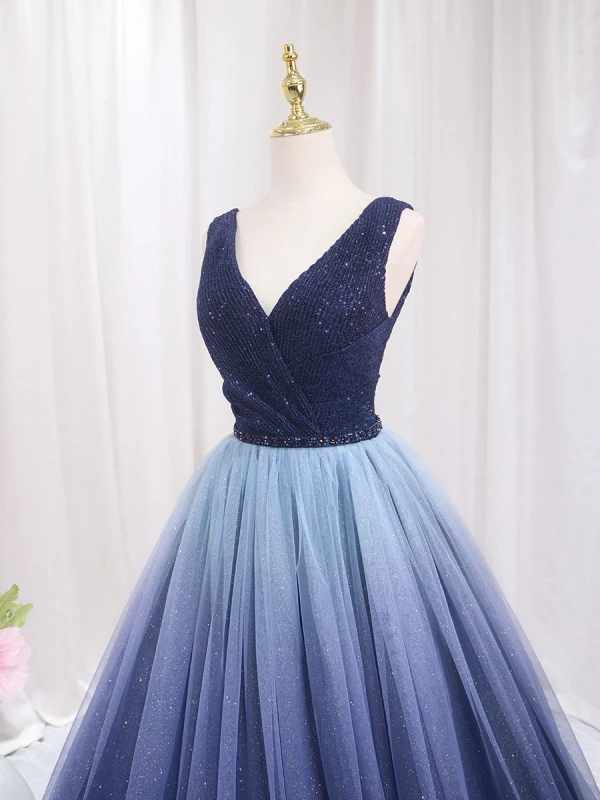 Vintage / Retro Navy Blue Beading Sequins Prom Dresses 2024 Ball Gown V-Neck Sleeveless Backless Floor-Length / Long Prom Formal Dresses