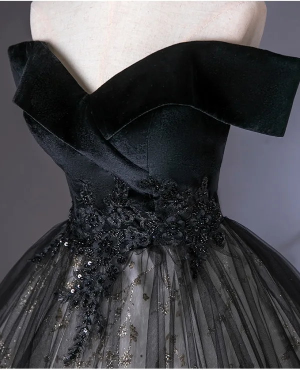 Vintage / Retro Black Beading Sequins Lace Flower Prom Dresses 2025 Ball Gown Off-The-Shoulder Short Sleeve Backless Floor-Length / Long Prom Formal Dresses