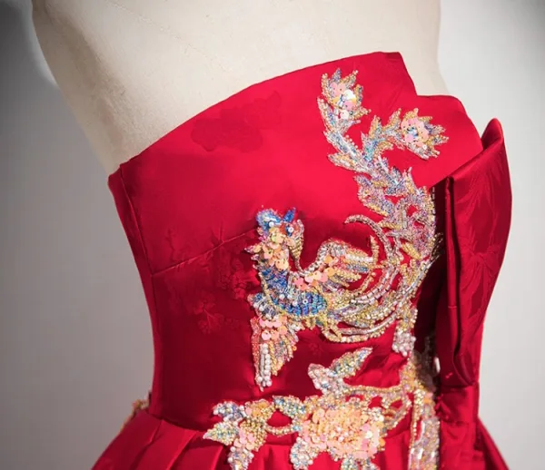 Chinese style Burgundy Beading Embroidered Prom Dresses 2024 Satin Ball Gown Strapless Sleeveless Backless Floor-Length / Long Prom Formal Dresses