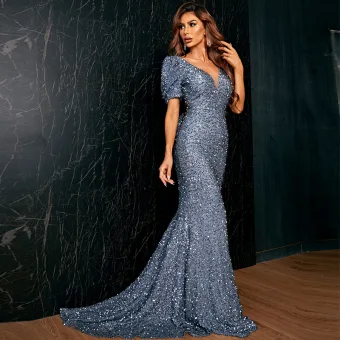 Sexy Gris Paillettes Robe De Soirée 2022 Trompette Sirène V Cou Manches Courtes Dos Nu Noeud Train De Balayage Soirée Robe De Ceremonie