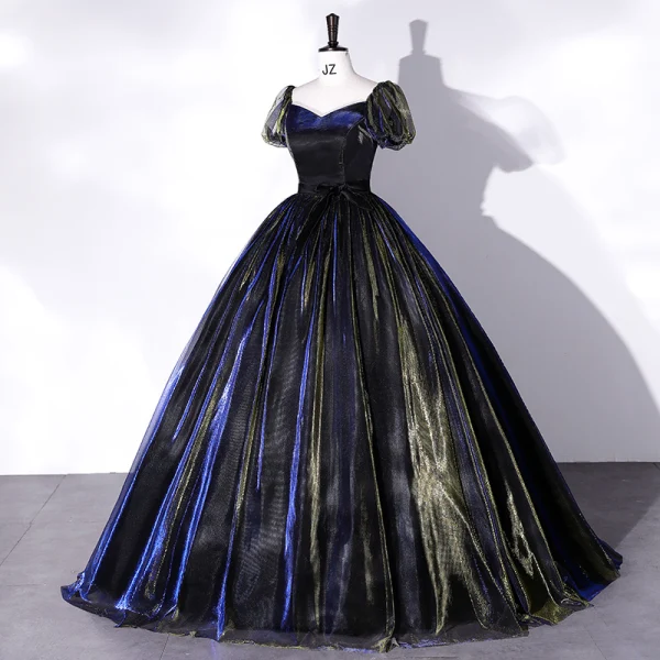 Élégant Bleu Marine Robe De Bal 2022 Robe Boule Encolure Carrée Manches Courtes Dos Nu Noeud Longue Promo Robe De Ceremonie