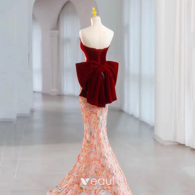 Sexy Burgundy Sequins Evening Dresses 2023 Trumpet / Mermaid Strapless  Sleeveless Backless Bow Sweep Train Evening Party Formal Dresses