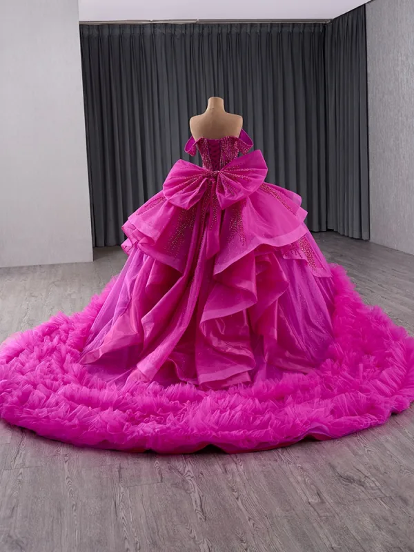 High-end Fuchsia Beading Sequins Cascading Ruffles Prom Dresses 2025 Ball Gown Off-The-Shoulder Sleeveless Backless Bow Chapel Train Prom Formal Dresses