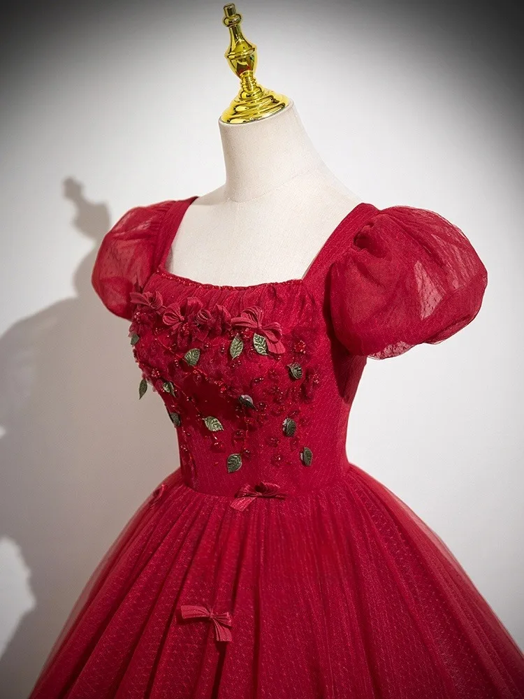 Flower Fairy Burgundy Appliques Prom Dresses 2025 Ball Gown Square Neckline Puffy Short Flower Fairy Burgundy Appliques Prom Dresses 2025 Ball Gown Square Neckline Puffy Short
