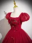 Flower Fairy Burgundy Appliques Prom Dresses 2025 Ball Gown Square Neckline Puffy Short Sleeve Backless Floor-Length / Long Formal Dresses