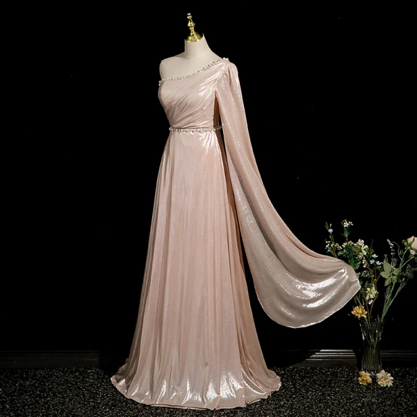 Chic / Beautiful Blushing Pink Pearl Rhinestone Prom Dresses 2024 A-Line / Princess One-Shoulder Sleeveless Backless Floor-Length / Long Prom Formal Dresses