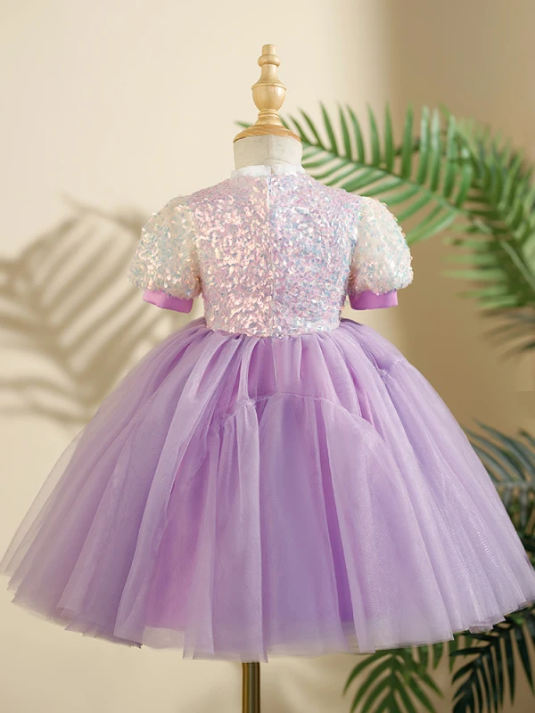 Bling Bling Lavender Beading Sequins Birthday Short Flower Girl Dresses 2024 Ball Gown Scoop Neck Short Sleeve