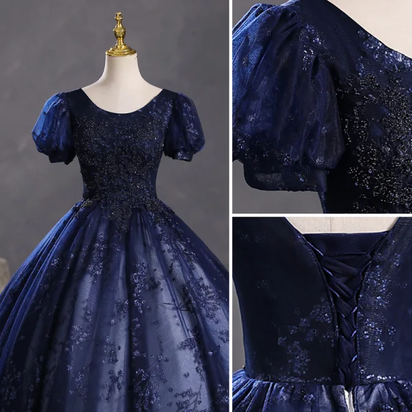 Vintage / Retro Navy Blue Beading Sequins Prom Dresses 2023 Ball Gown Scoop Neck Puffy Short Sleeve Backless Floor-Length / Long Prom Formal Dresses