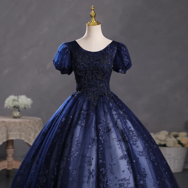 Vintage / Retro Navy Blue Beading Sequins Prom Dresses 2023 Ball Gown Scoop Neck Puffy Short Sleeve Backless Floor-Length / Long Prom Formal Dresses