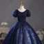 Vintage / Retro Navy Blue Beading Sequins Prom Dresses 2023 Ball Gown Scoop Neck Puffy Short Sleeve Backless Floor-Length / Long Prom Formal Dresses