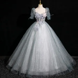 Bling Bling Bleu Ciel Paillettes Appliques Robe De Bal 2024 Robe Boule Encolure Carrée Manches Courtes Dos Nu Longue Promo Robe De Ceremonie