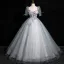 Bling Bling Sky Blue Sequins Appliques Prom Dresses 2024 Ball Gown Square Neckline Short Sleeve Backless Floor-Length / Long Prom Formal Dresses