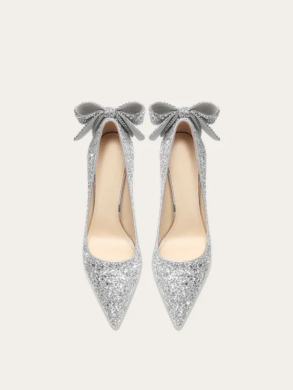Sparkly Silver Sequins Bow Wedding Shoes 2024 10 cm Stiletto Heels Leather Pointed Toe Wedding Pumps High Heels