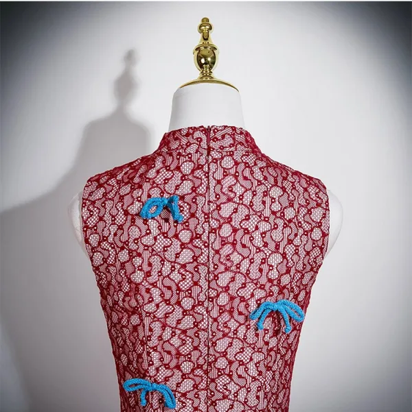 Chiński Styl Vintage Burgund Z Koronki Bal Cheongsam 2025 Syrena / Rozkloszowane Wysokiej Szyi Bez Rękawów Długie