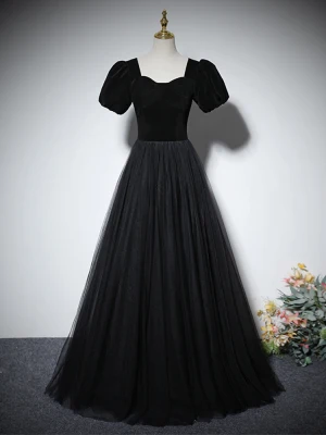 Audrey Hepburn Style Black Prom Dresses 2024 A Line Princess Square Neckline Puffy Short Sleeve Floor Length Long Prom Formal Dresses