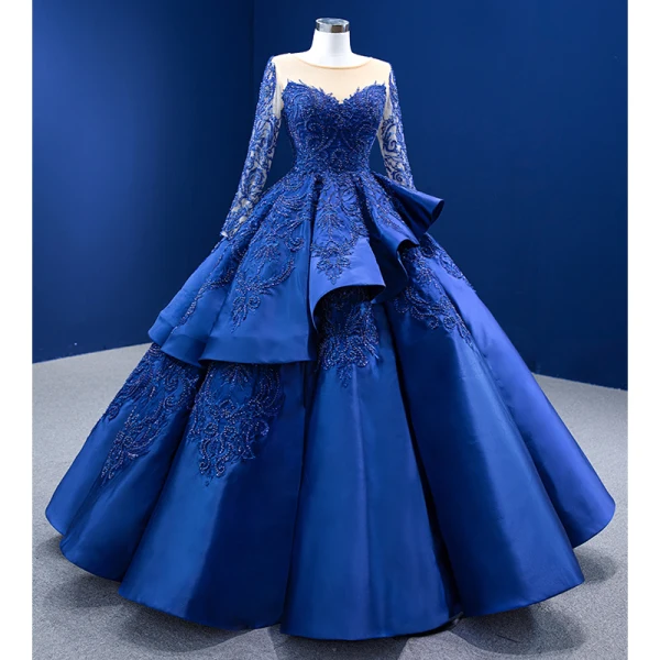 Luxe Bleu Roi Perlage Perle Paillettes En Dentelle Fleur Volants en Cascade Robe De Bal 2022 Robe Boule Encolure Dégagée Manches Longues Longue Promo Robe De Ceremonie