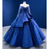 Luxury / Gorgeous Royal Blue Beading Pearl Sequins Lace Flower Cascading Ruffles Prom Dresses 2022 Ball Gown Scoop Neck Long Sleeve Floor-Length / Long Prom Formal Dresses