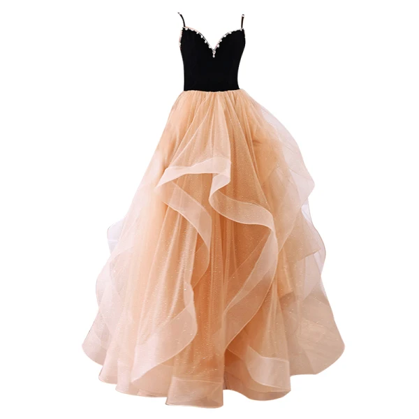 Mode Sorte Glitter Gallakjoler 2022 Prinsesse Spaghetti Straps Pailletter Rhinestone Ærmeløs Halterneck Lange Cascading Flæser Kjoler