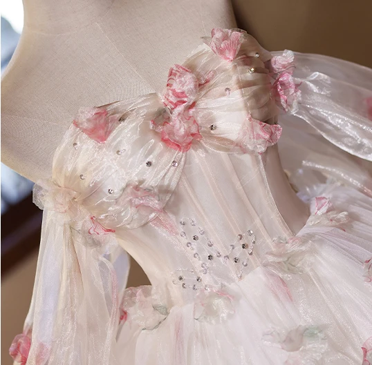 Flower Fairy White Beading Appliques Rhinestone Light Wedding Dresses Prom Dresses 2024 Ball Gown Off-The-Shoulder Short Sleeve Backless Floor-Length / Long Wedding
