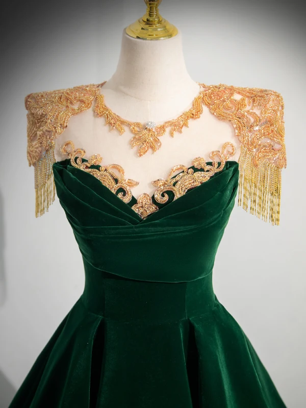 Elegante Dunkelgrün Perlenstickerei Quaste Samt Ballkleider 2024 Ballkleid Rundhalsausschnitt Ärmellos Rückenfreies Lange Ball Festliche Kleider