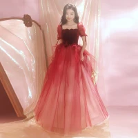 Hermoso Borgoña Vestidos de noche 2023 A-Line / Princess Escote Cuadrado Manga Corta Sin Espalda Largos Noche Vestidos Formales